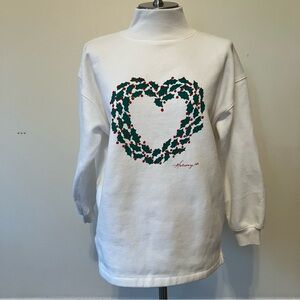 VTG 80s Talbots Women’s  Christmas Sweatshirt Mock Neck Holly Wreath Sz. L White